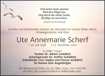 Traueranzeige von Ute Annemarie Scherf von Mitteldeutsche Zeitung Halle/Saalkreis