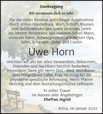 Traueranzeige von Uwe Horn von Trauerkombi Bitterfeld