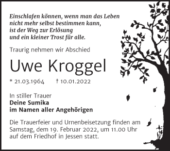 Traueranzeige von Uwe Kroggel von Trauerkombi Wittenberg