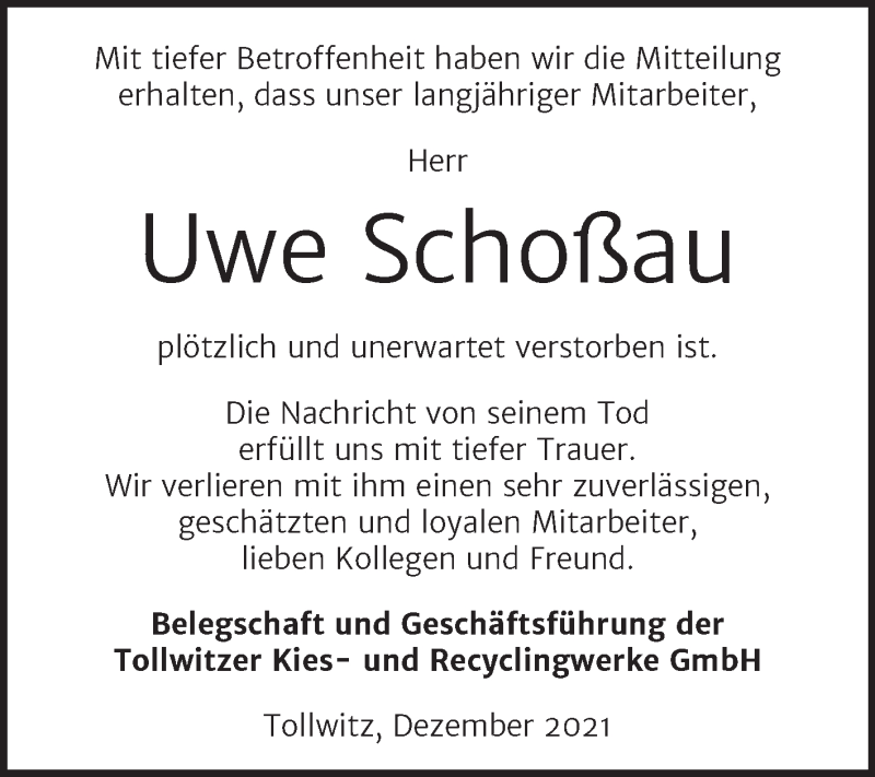  Traueranzeige für Uwe Schoßau vom 07.01.2022 aus Mitteldeutsche Zeitung Merseburg/Querfurt
