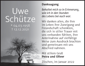 Traueranzeige von Uwe Schütze von Trauerkombi Merseburg