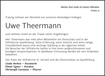 Traueranzeige von Uwe Theermann von Mitteldeutsche Zeitung Quedlingburg