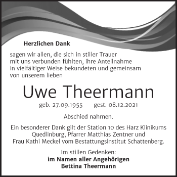 Traueranzeige von Uwe Theermann von Trauerkombi Quedlinburg