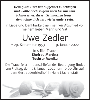 Traueranzeige von Uwe Zedler von Mitteldeutsche Zeitung Halle/Saalkreis