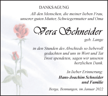 Traueranzeige von Vera Schneider von Trauerkombi Sangerhausen
