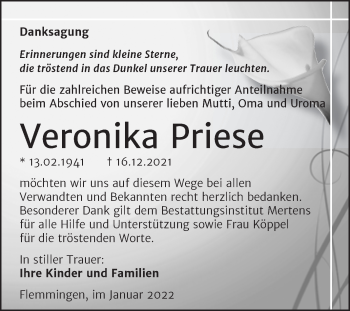Traueranzeige von Veronika Priese von Naumburger Tageblatt
