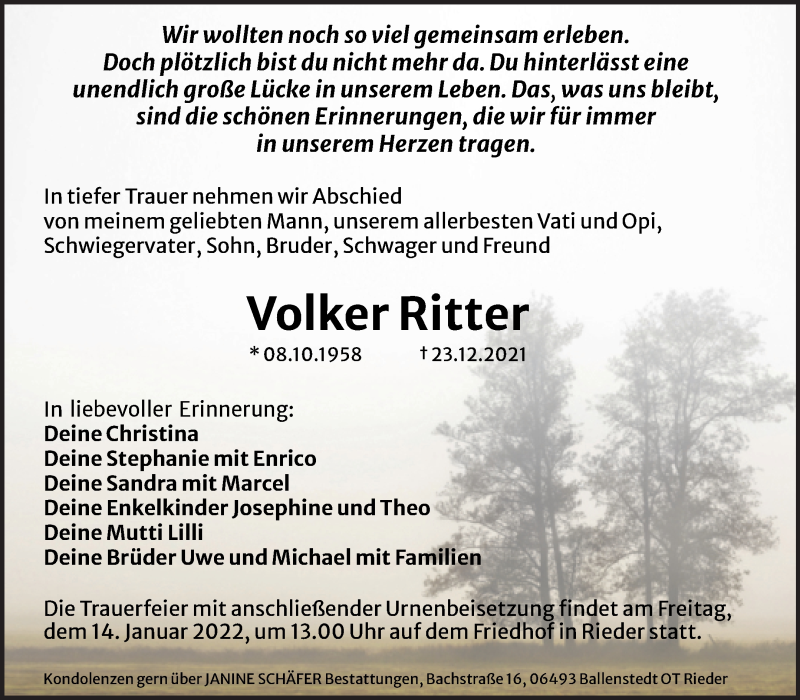  Traueranzeige für Volker Ritter vom 08.01.2022 aus Trauerkombi Quedlinburg