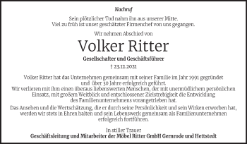 Traueranzeige von Volker Ritter von Mitteldeutsche Zeitung Mansfelder Land
