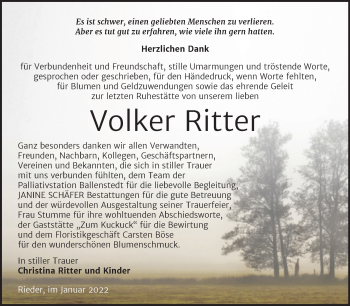 Traueranzeige von Volker Ritter von Trauerkombi Quedlinburg