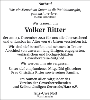Traueranzeige von Volker Ritter von Super Sonntag Quedlingburg