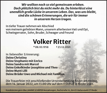 Traueranzeige von Volker Ritter von Trauerkombi Quedlinburg