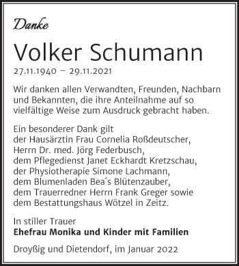 Traueranzeige von Volker Schumann von Trauerkombi Zeitz