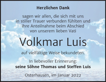 Traueranzeige von Volkmar Luis von Trauerkombi Mansfelder Land