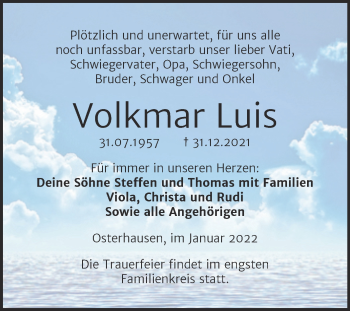 Traueranzeige von Volkmar Luis von Trauerkombi Mansfelder Land