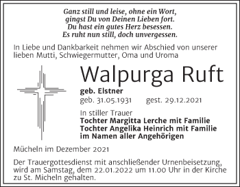 Traueranzeige von Walpurga Ruft von Trauerkombi Merseburg