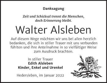 Traueranzeige von Walter Alsleben von Trauerkombi Quedlinburg