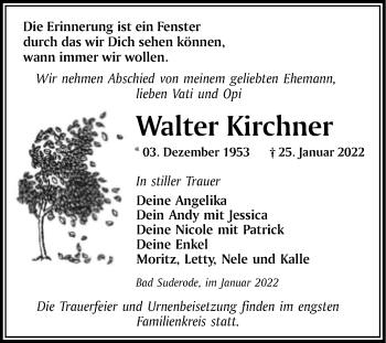 Traueranzeige von Walter Kirchner von Trauerkombi Quedlinburg