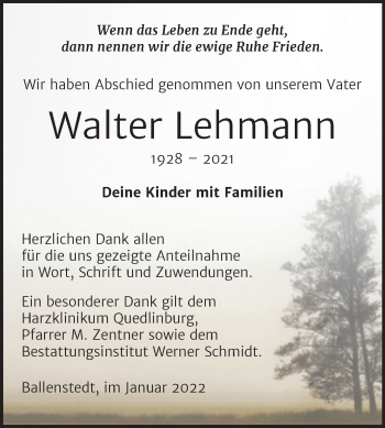 Traueranzeige von Walter Lehmann von Trauerkombi Quedlinburg