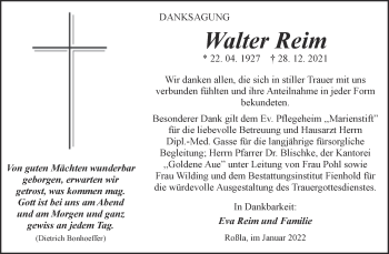 Traueranzeige von Walter Reim von Trauerkombi Sangerhausen