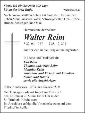 Traueranzeige von Walter Reim von Trauerkombi Sangerhausen