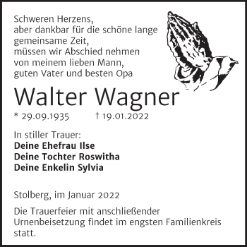 Traueranzeige von Walter Wagner von Mitteldeutsche Zeitung Sangerhausen