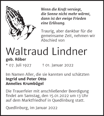 Traueranzeige von Waltraud Lindner von Trauerkombi Quedlinburg
