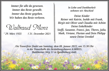 Traueranzeige von Waltraud Menz von Mitteldeutsche Zeitung Quedlingburg
