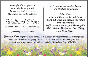 Traueranzeige von Waltraud Menz von Trauerkombi Quedlinburg