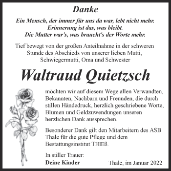 Traueranzeige von Waltraud Quietzsch von Trauerkombi Quedlinburg