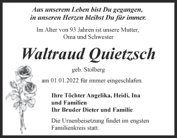 Traueranzeige von Waltraud Quietzsch von Trauerkombi Quedlinburg