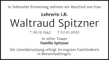 Traueranzeige von Waltraud Spitzner von Mitteldeutsche Zeitung Halle/Saalkreis