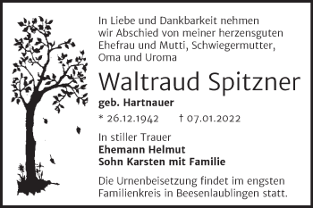Traueranzeige von Waltraud Spitzner von Trauerkombi Bernburg