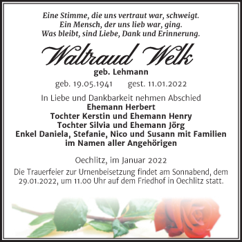 Traueranzeige von Waltraud Welk von Trauerkombi Merseburg