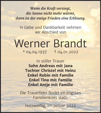 Traueranzeige von Werner Brandt von Trauerkombi Bitterfeld