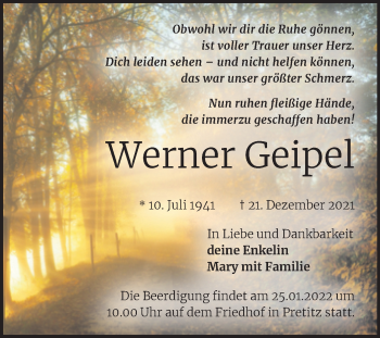 Traueranzeige von Werner Geipel von Trauerkombi Merseburg