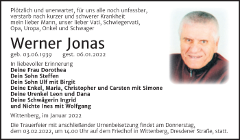 Traueranzeige von Werner Jonas von Trauerkombi Wittenberg