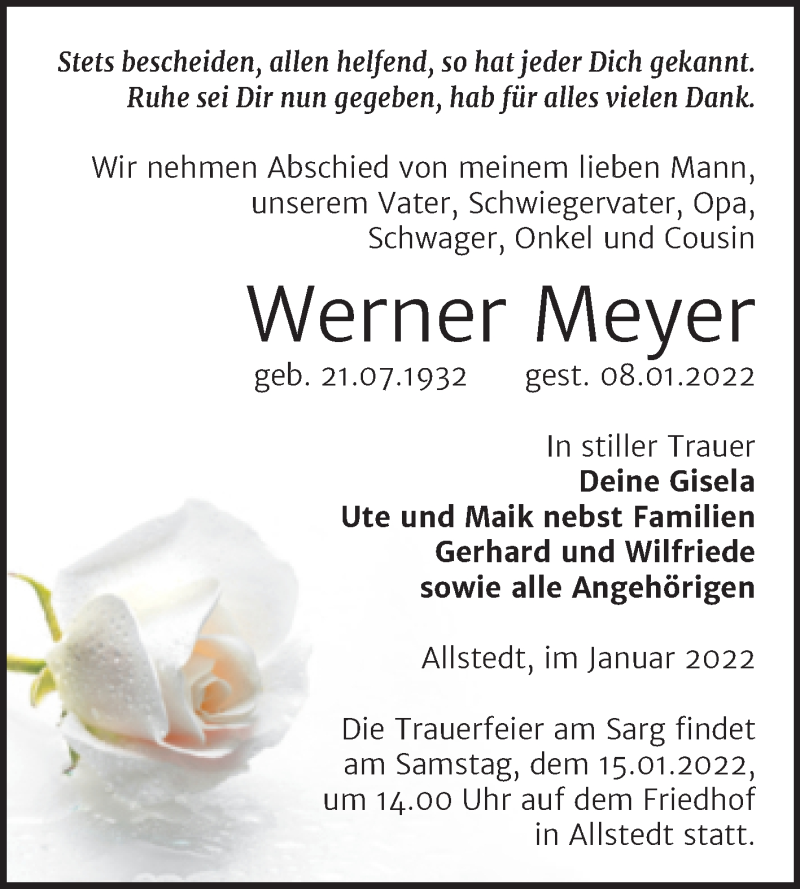  Traueranzeige für Werner Meyer vom 12.01.2022 aus Mitteldeutsche Zeitung Sangerhausen
