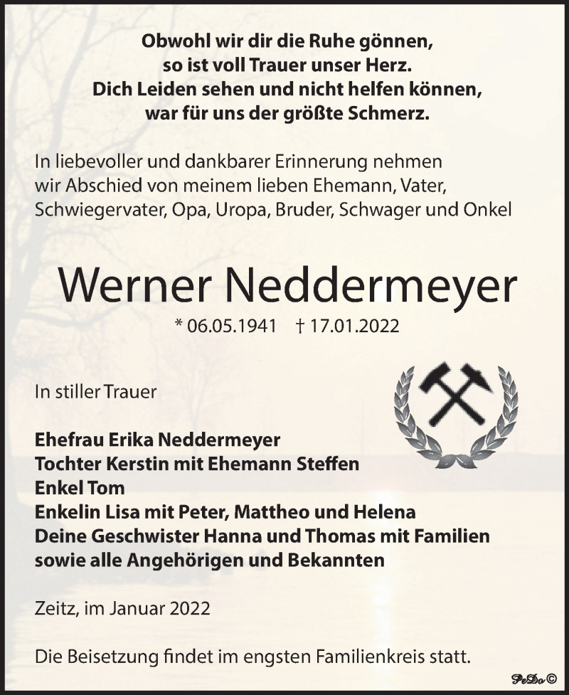  Traueranzeige für Werner Neddermeyer vom 22.01.2022 aus Trauerkombi Zeitz