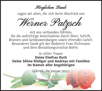 Traueranzeige von Werner Patzsch von Trauerkombi Merseburg