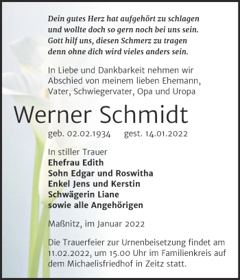 Traueranzeige von Werner Schmidt Schmidt von Trauerkombi Zeitz