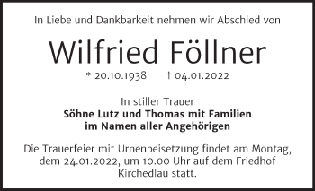 Traueranzeige von Wilfried Föllner von Trauerkombi Bernburg
