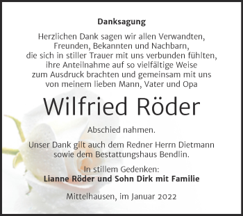 Traueranzeige von Wilfried Röder von Trauerkombi Sangerhausen