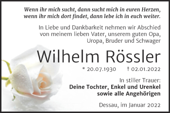 Traueranzeige von Wilhelm Rössler von Super Sonntag Dessau-Roßlau