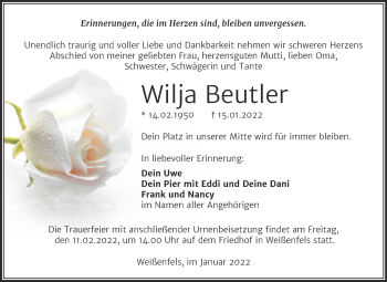 Traueranzeige von Wilja Beutler von Mitteldeutsche Zeitung Halle/Saalkreis
