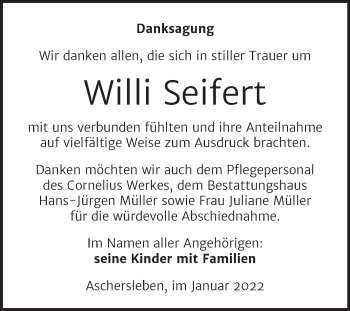 Traueranzeige von Willi Seifert von Trauerkombi Aschersleben