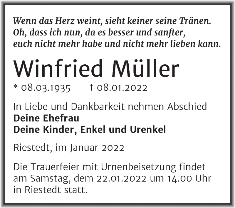  Traueranzeige für Winfried Müller vom 19.01.2022 aus Trauerkombi Sangerhausen