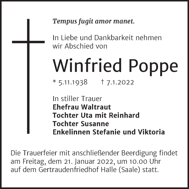  Traueranzeige für Winfried Poppe vom 15.01.2022 aus Mitteldeutsche Zeitung Halle/Saalkreis