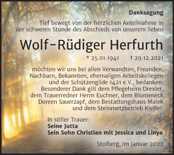 Traueranzeige von Wolf-Rüdiger Herfurth von Trauerkombi Sangerhausen