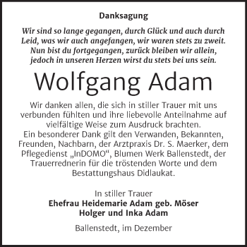Traueranzeige von Wolfgang Adam von Trauerkombi Quedlinburg