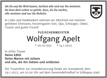 Traueranzeige von Wolfgang Apelt von Trauerkombi Merseburg